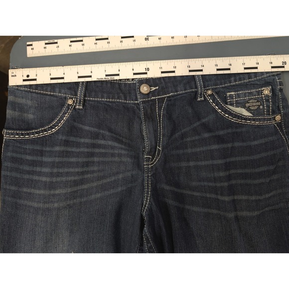 Harley-Davidson Women Jeans Sz 20 Dark Wash Bootcut Studded Logo Contrast Stitch - Picture 12 of 16
